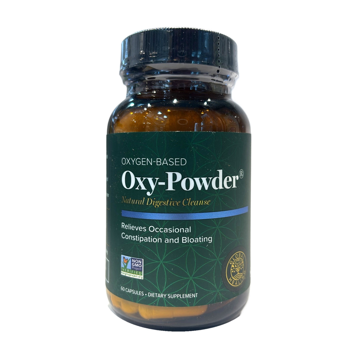Frasco de Oxy-Powder de Global Healing, limpieza digestiva natural a base de oxígeno, 60 cápsulas