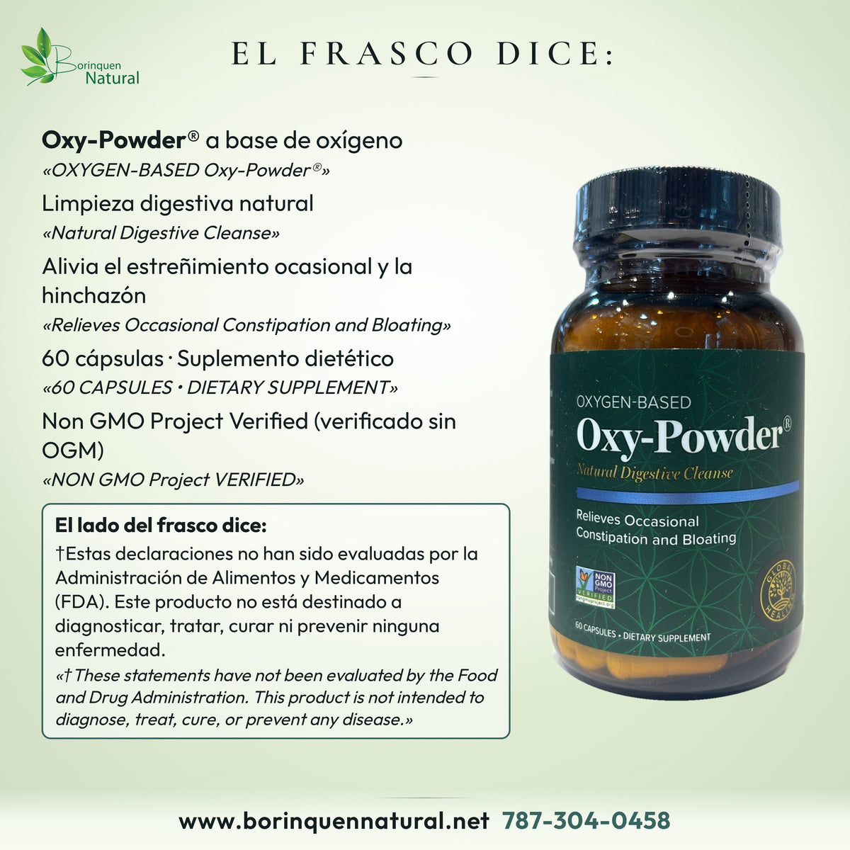 Lo que dice el frasco de Oxy-Powder 60 cápsulas: a base de oxígeno, limpieza digestiva natural, con el frente del frasco