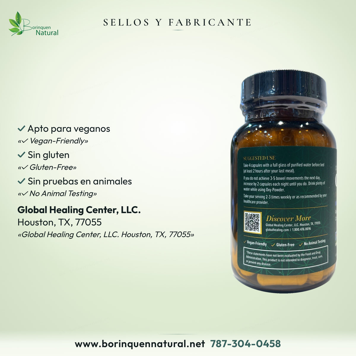 Sellos de Oxy-Powder: apto para veganos, sin gluten y sin pruebas en animales; Global Healing Center, LLC. Houston, TX