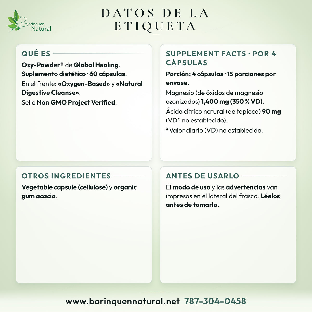 Datos de la etiqueta de Oxy-Powder de Global Healing: Supplement Facts, otros ingredientes y dónde leer el (foto de archivo)