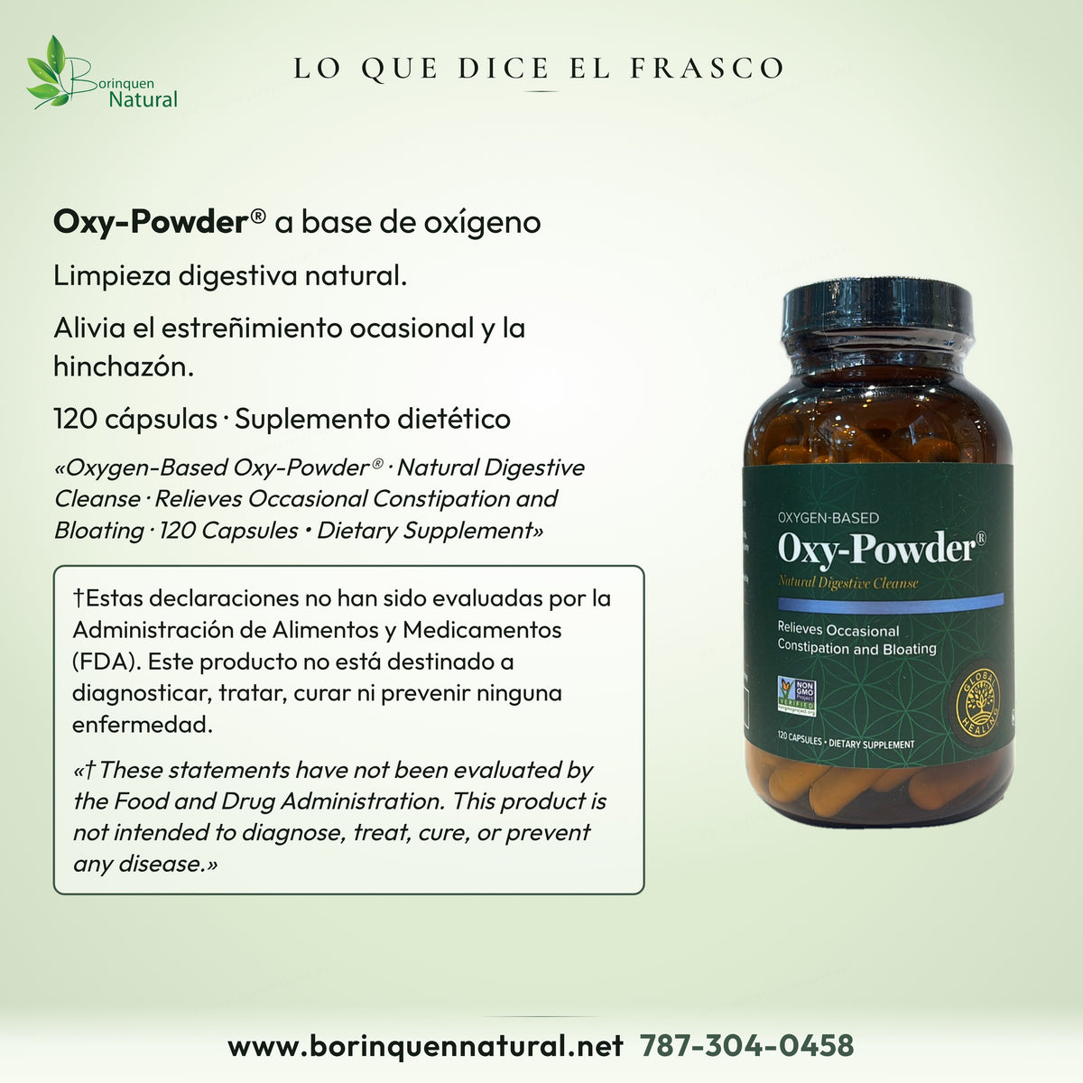 Lo que dice el frasco de Oxy-Powder: limpieza digestiva natural a base de oxígeno, 120 cápsulas y aviso de la FDA