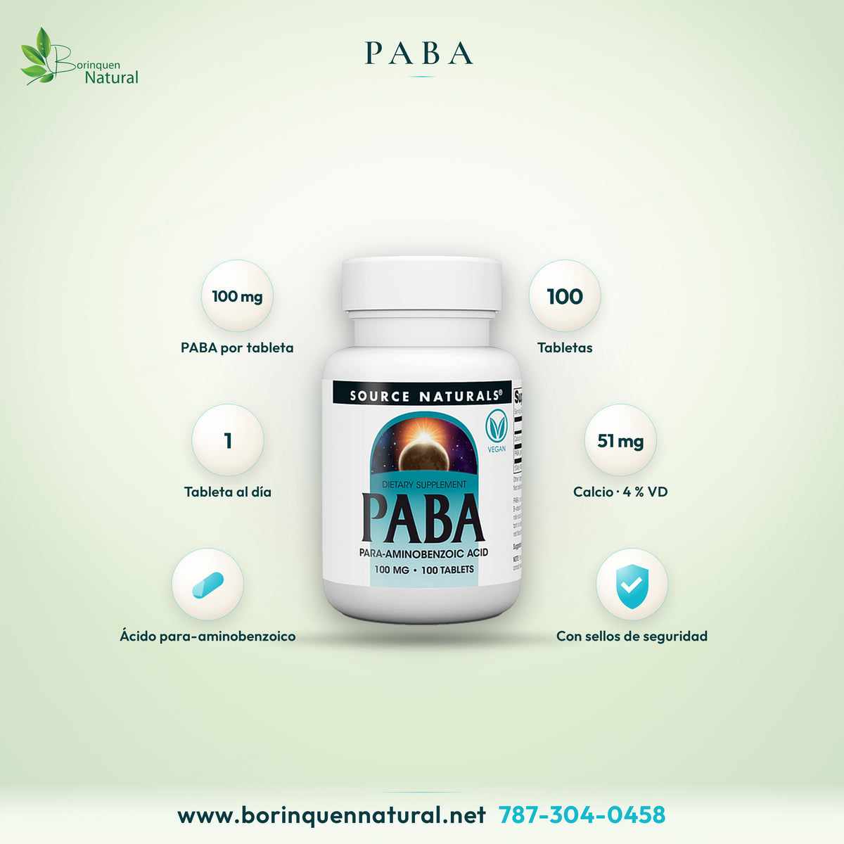 PABA, ácido para-aminobenzoico de Source Naturals, 100 mg por tableta, frasco de 100 tabletas