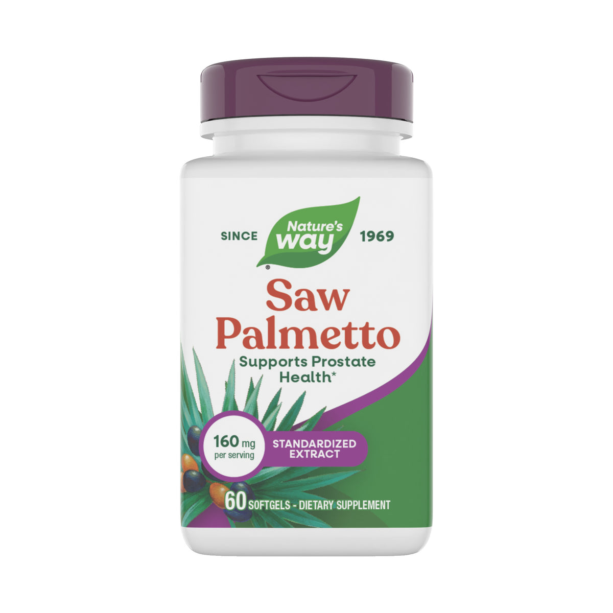 Frasco de Saw Palmetto (palma enana) de Nature's Way, 160 mg por porción, extracto estandarizado, 60 cápsulas blandas, frente