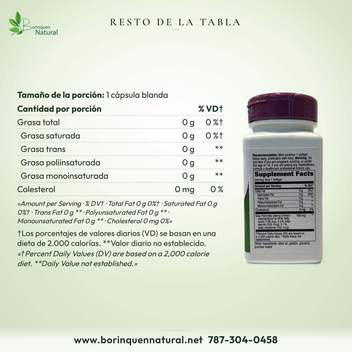 Resto de la tabla del Saw Palmetto de Nature's Way: grasa total, saturada, trans, poli y monoinsaturada 0 g, colesterol 0 mg