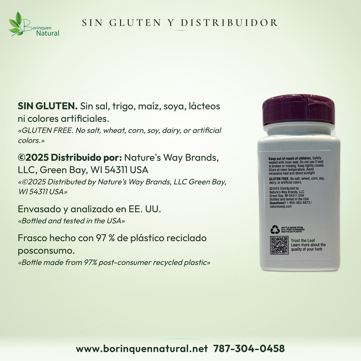 Saw Palmetto de Nature's Way sin gluten, sal, trigo, maíz, soya, lácteos ni colores artificiales; frasco 97 % reciclado