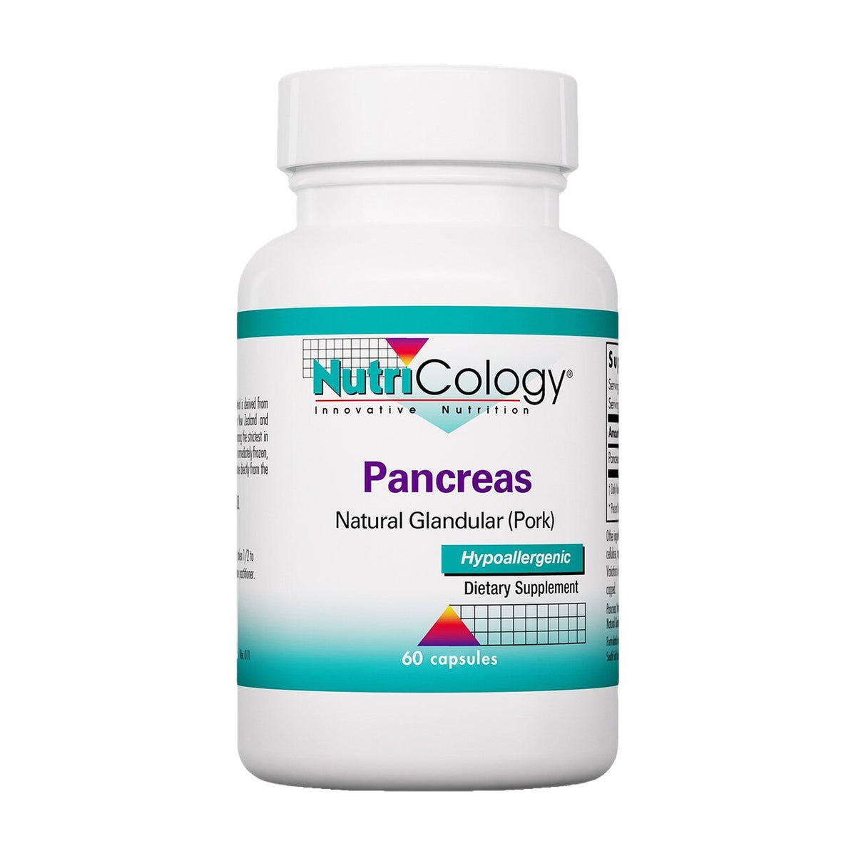 Frasco de Pancreas Natural Glandular (Pork) de NutriCology, 60 cápsulas, sobre fondo blanco