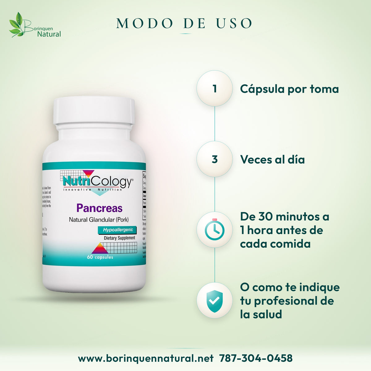 Modo de uso del páncreas glandular NutriCology: 1 cápsula tres veces al día, de 30 minutos a 1 hora antes de cada comida