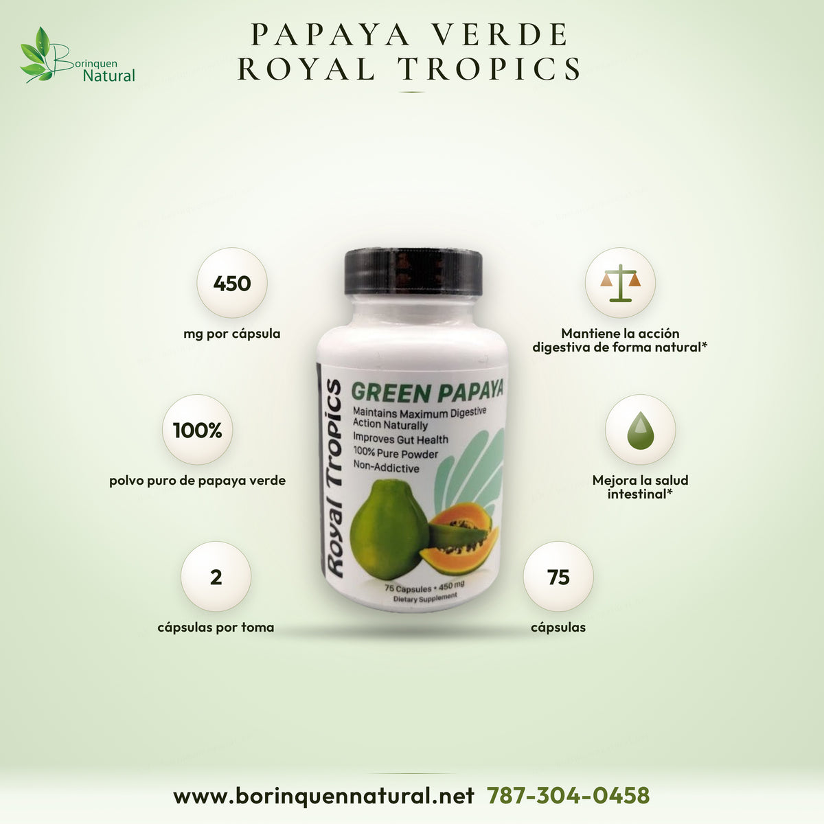 Green Papaya de Royal Tropics, polvo puro de papaya verde con papaína para la digestión, 75 cápsulas de 450 mg