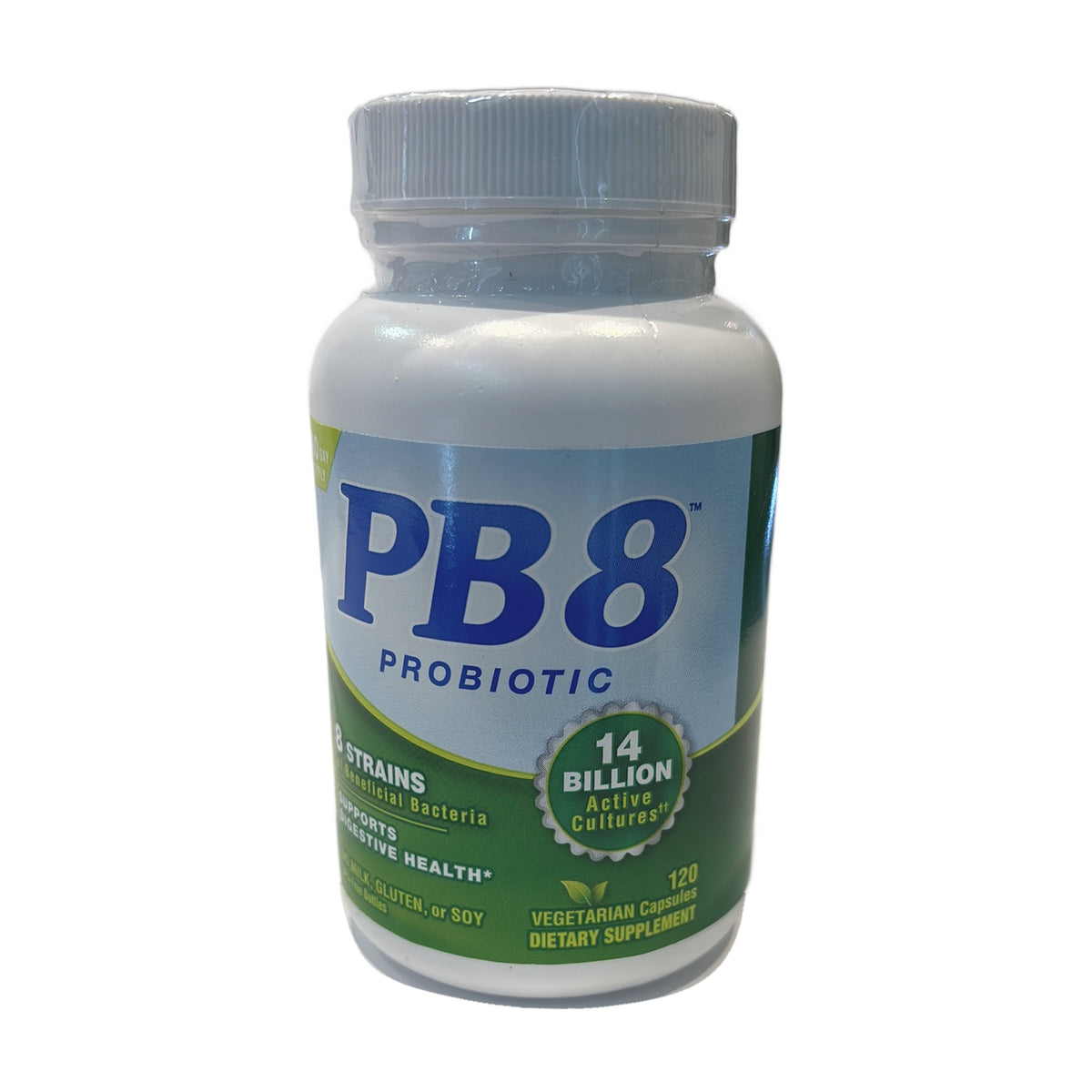 Frasco de PB8 Probiotic de frente, 120 cápsulas vegetarianas