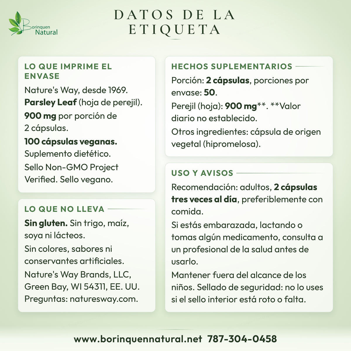 Nature's Way parsley label facts graphic: supplement facts, what it is free of, use and warnings