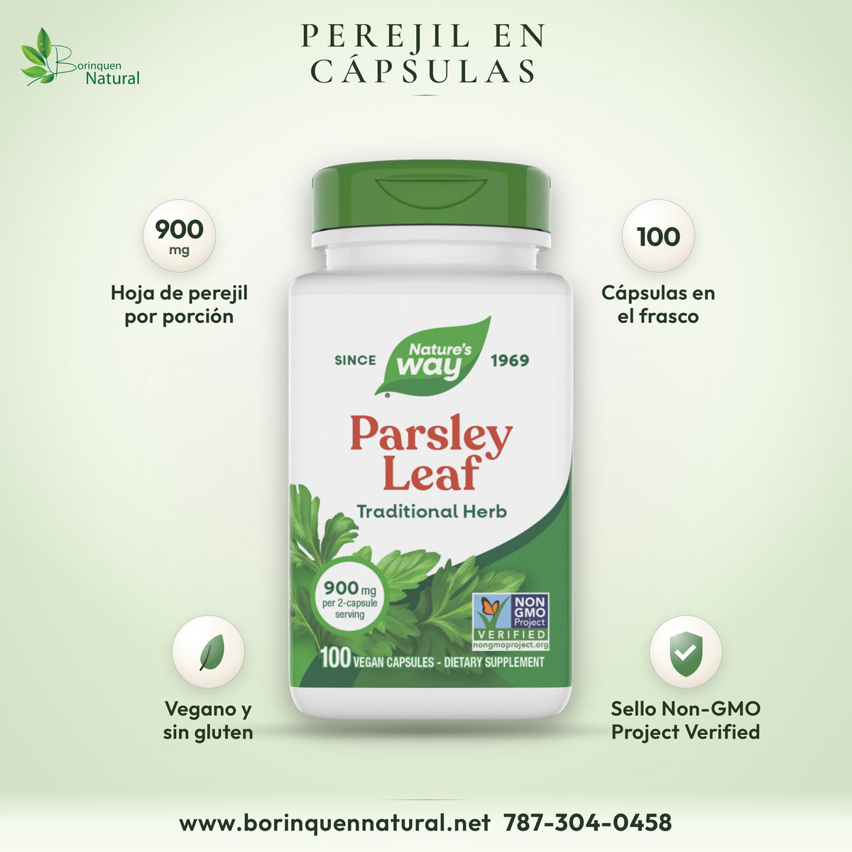 Nature's Way parsley capsules graphic: 900 mg of leaf per serving, 100 capsules, vegan and Non-GMO