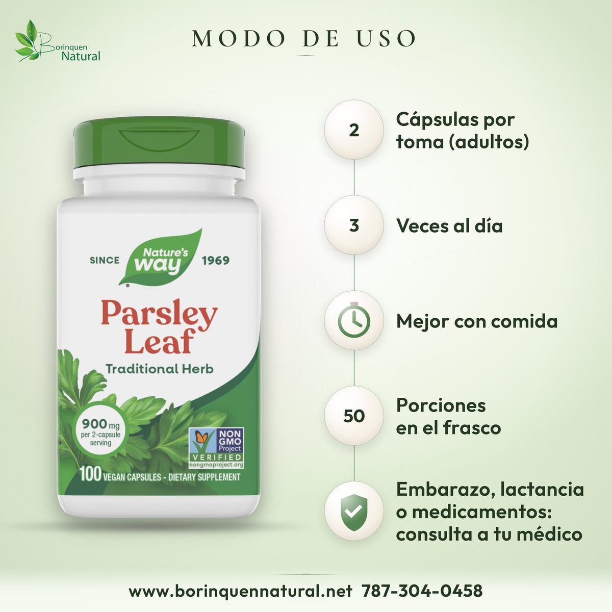 Nature's Way parsley directions graphic: 2 capsules per dose, 3 times a day, best with food, 50 servings