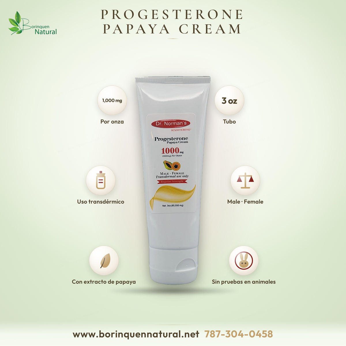Crema de progesterona Papaya de Dr. Norman's, 1000 mg por onza, tubo de 3 oz de uso transdérmico, male-female