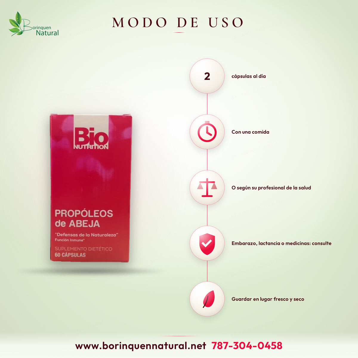 Modo de uso de los Propóleos de Abeja de Bio Nutrition: 2 cápsulas al día con una comida o como lo recomiende su profesional de la salud