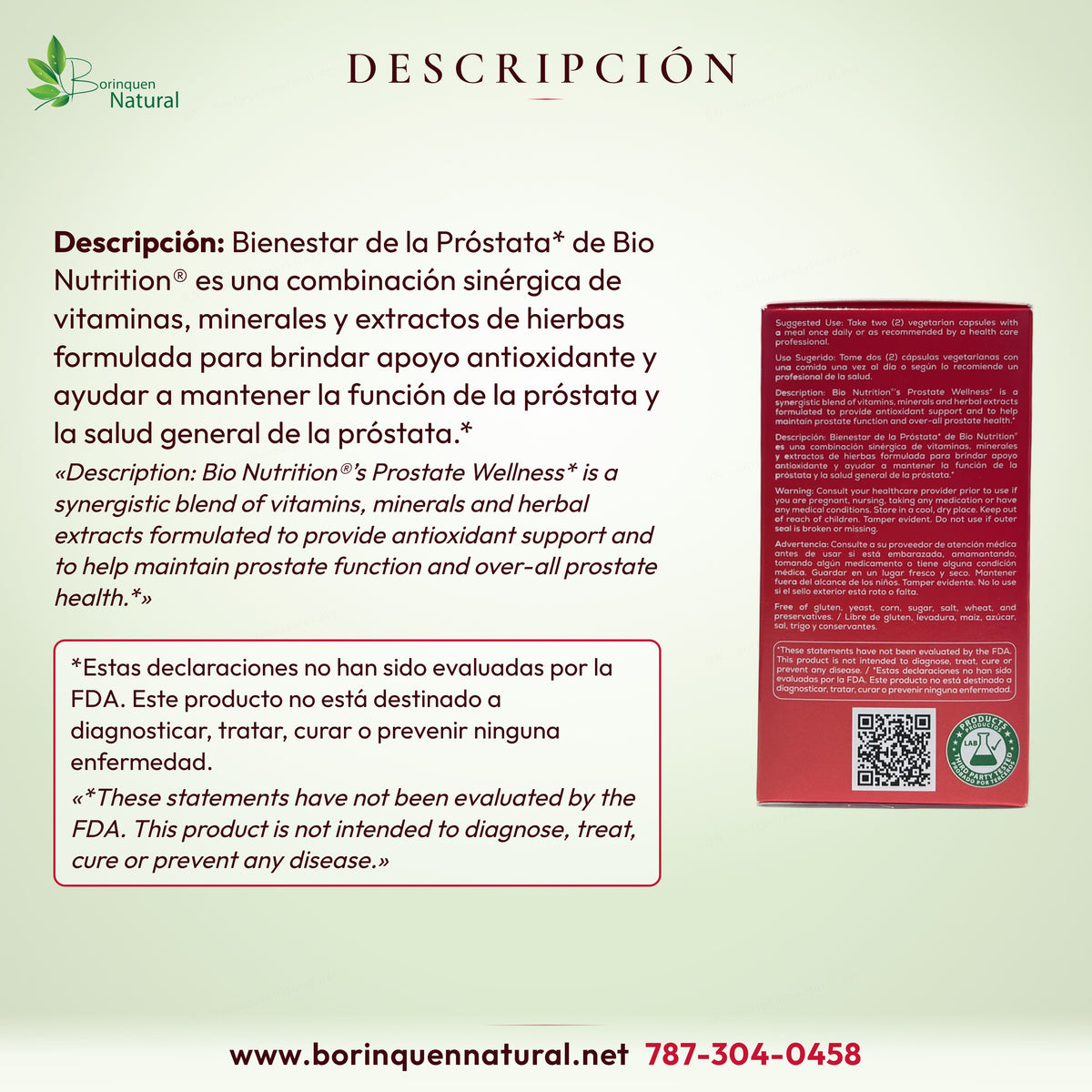 Descripción de Bienestar de la Próstata de Bio Nutrition: vitaminas, minerales y extractos de hierbas con apoyo antioxidante