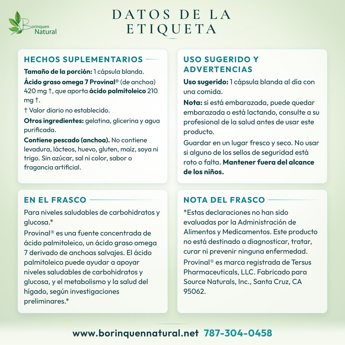 Datos de la etiqueta del Provinal Omega-7 de Source Naturals: hechos suplementarios, otros ingredientes, uso sugerido, advertencias y lo que dice el frasco