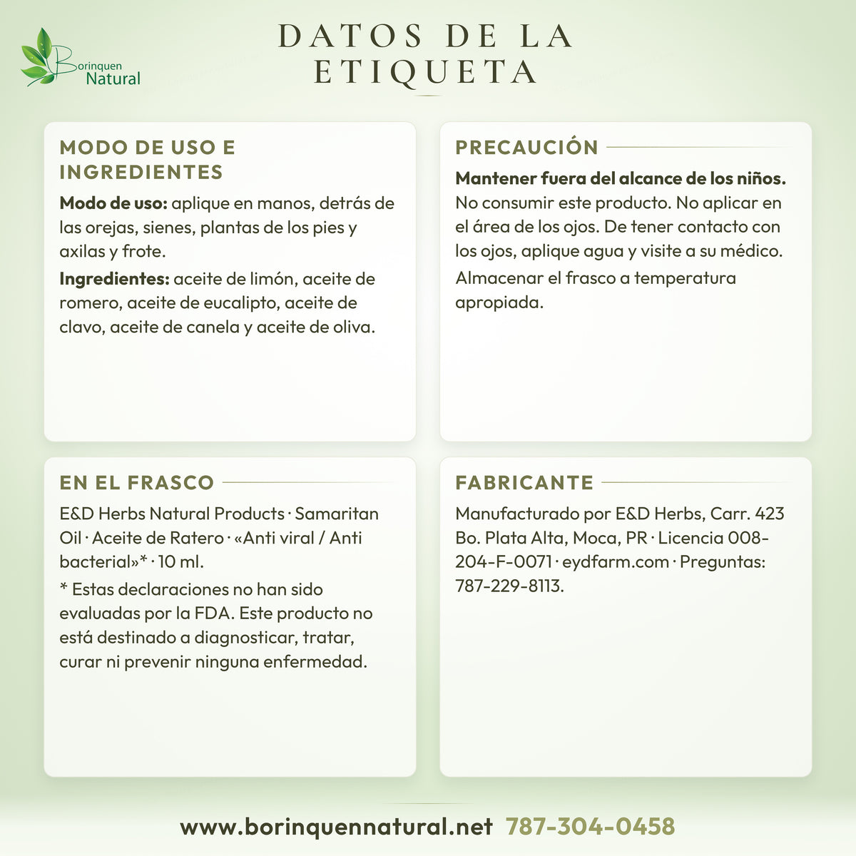 Datos de la etiqueta del Aceite de Ratero roll-on de E&D Herbs: modo de uso, ingredientes, precaución y fabricante