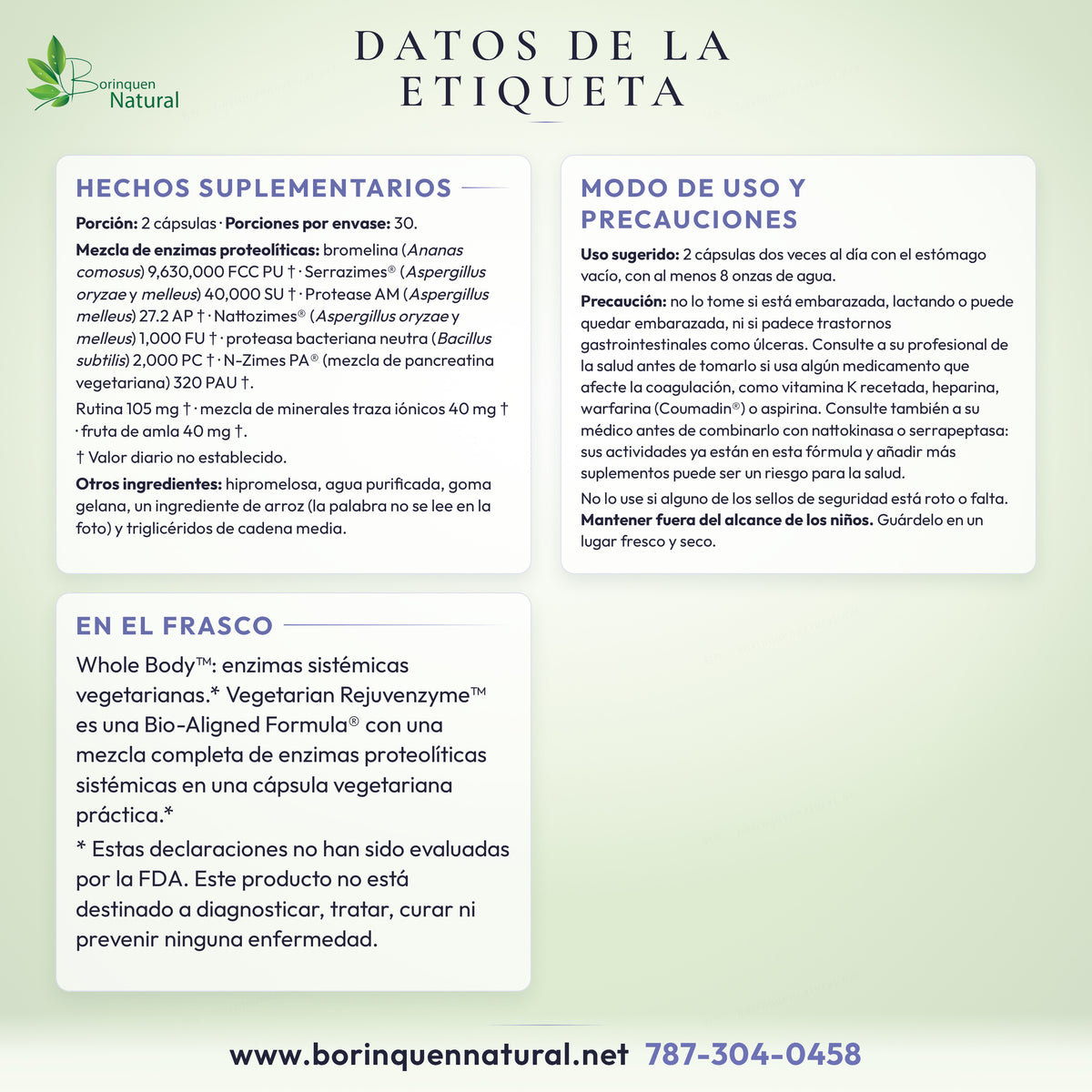 Source Naturals Vegetarian Rejuvenzyme label facts: Supplement Facts, directions and cautions