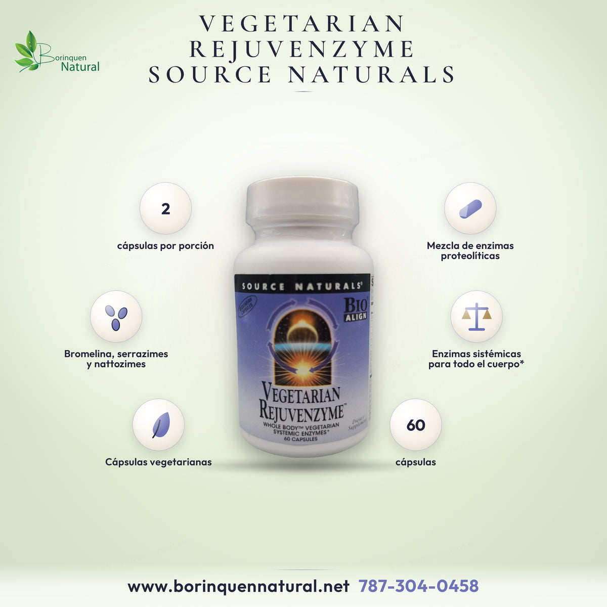 Source Naturals Vegetarian Rejuvenzyme: 2 capsules per serving, proteolytic enzymes, 60 vegetarian capsules