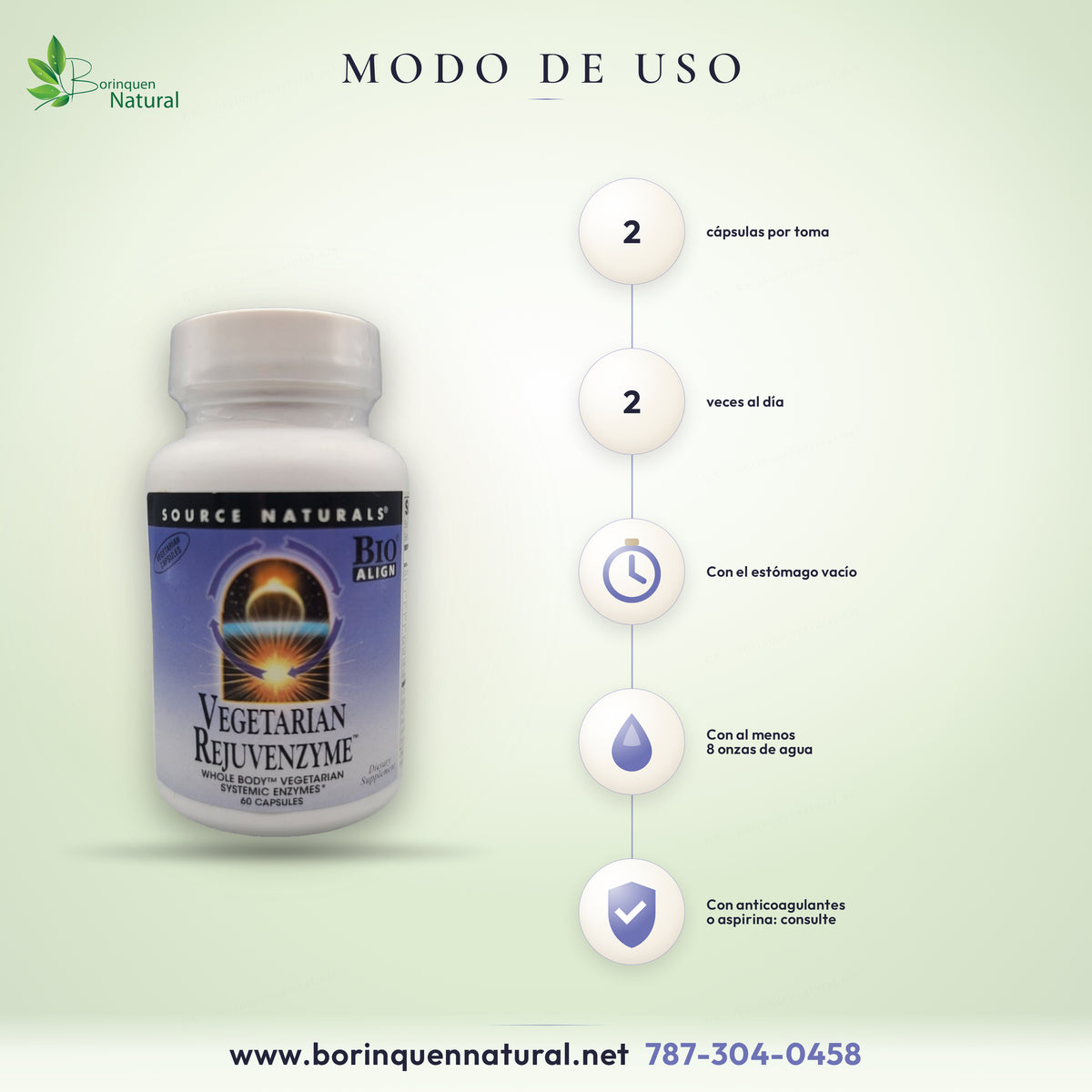 Source Naturals Rejuvenzyme directions: 2 capsules twice daily, empty stomach, at least 8 ounces of water