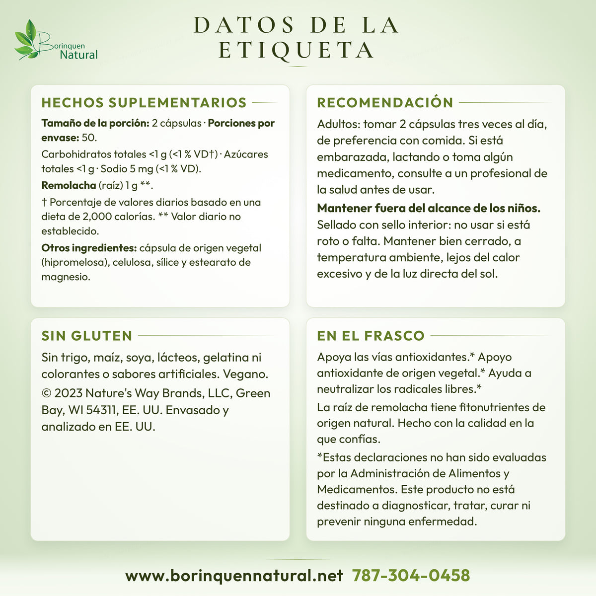 Datos de la etiqueta del Beet Root: Supplement Facts, recomendación, sin gluten y sello vegano