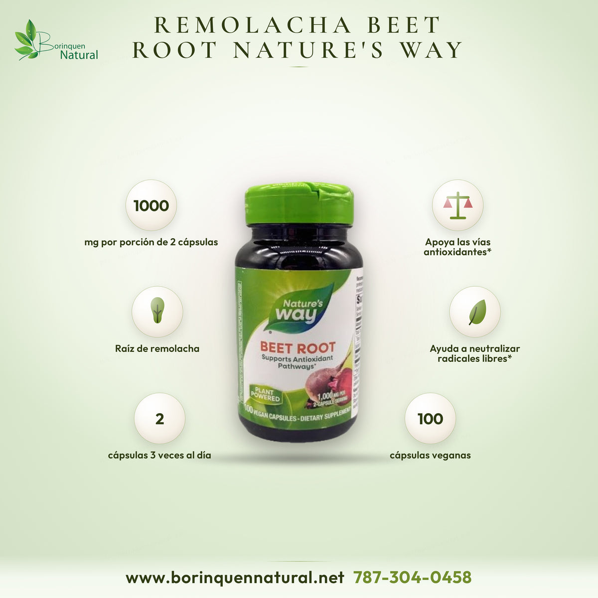 Pastillas de remolacha Beet Root Nature's Way: 1,000 mg por porción de 2 cápsulas, 100 cápsulas veganas