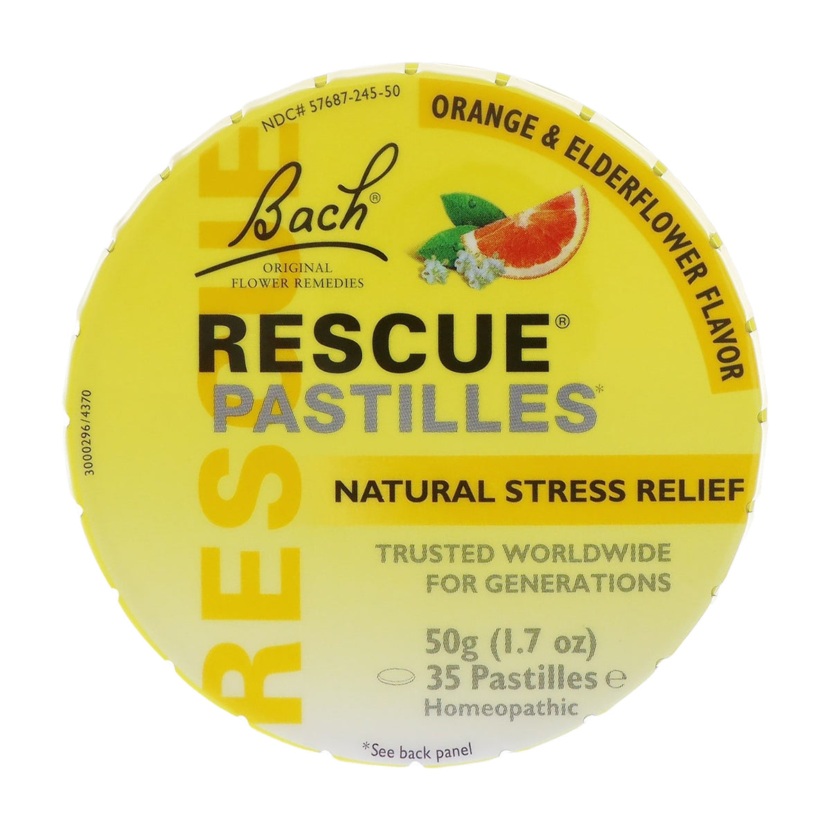Lata de RESCUE Pastilles de Bach, naranja y flor de saúco, Natural Stress Relief, 50 g (1.7 oz), 35 pastillas, homeopático
