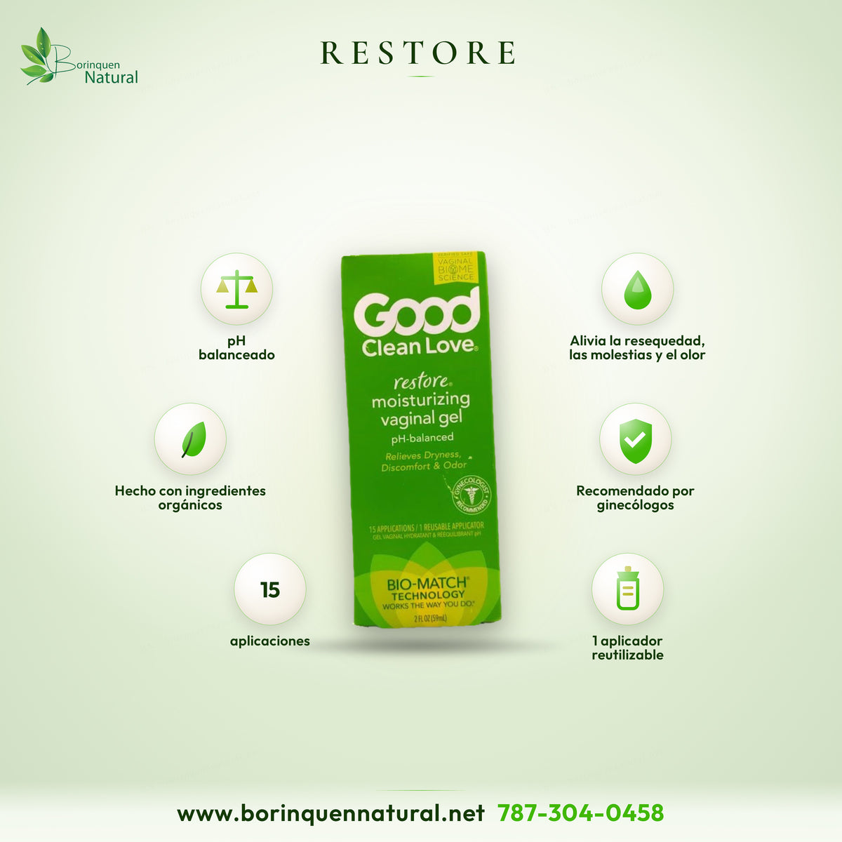 Restore de Good Clean Love, gel vaginal hidratante con pH balanceado, caja de 2 fl oz con aplicador reutilizable