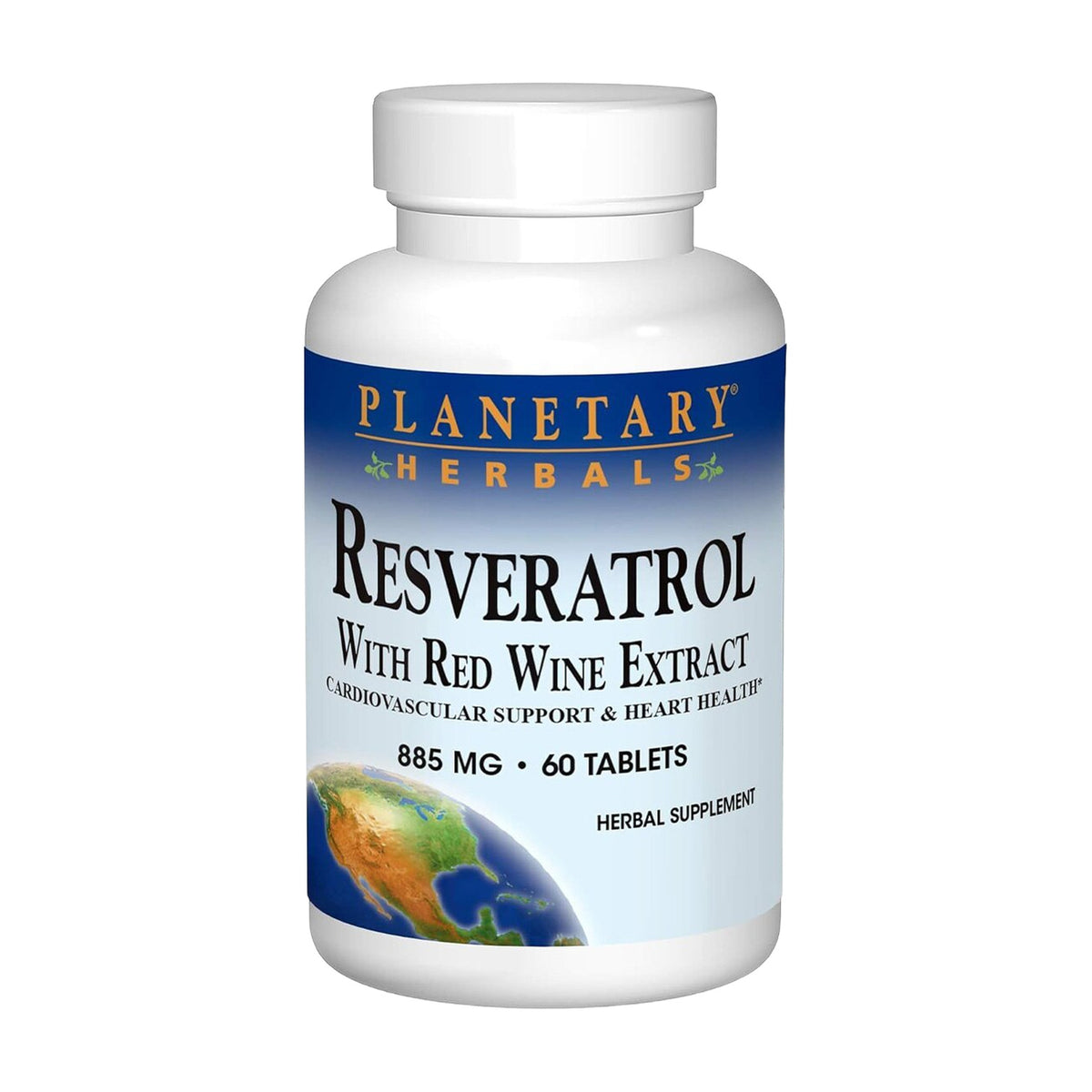 Frasco de Resveratrol con extracto de vino tinto Planetary Herbals, 885 mg, 60 tabletas, suplemento herbal