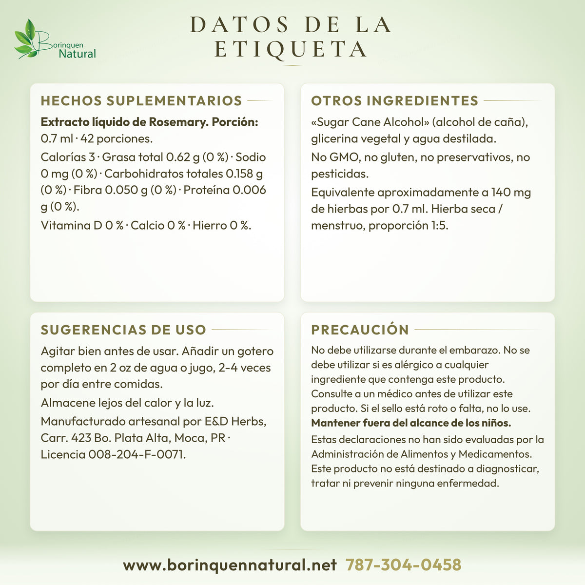 Datos de la etiqueta de las gotas de romero E&D Herbs: hechos suplementarios, otros ingredientes, uso y precaución