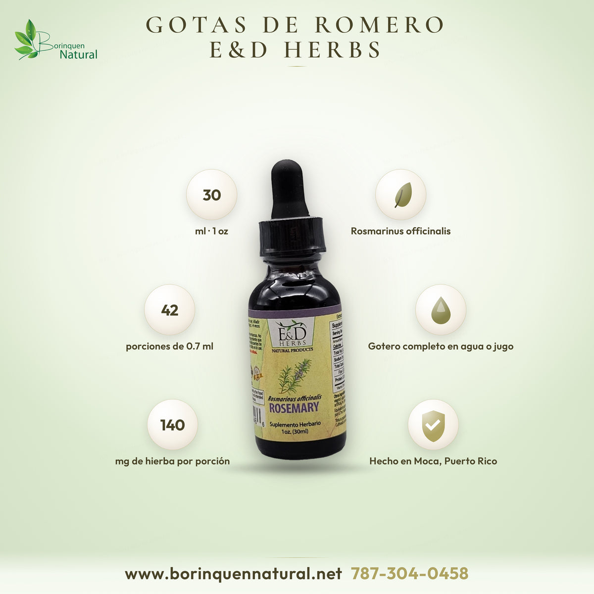 Gotas de romero E&D Herbs: 30 ml (1 oz), 42 porciones de 0.7 ml, 140 mg de hierba por porción, hecho en Moca, PR