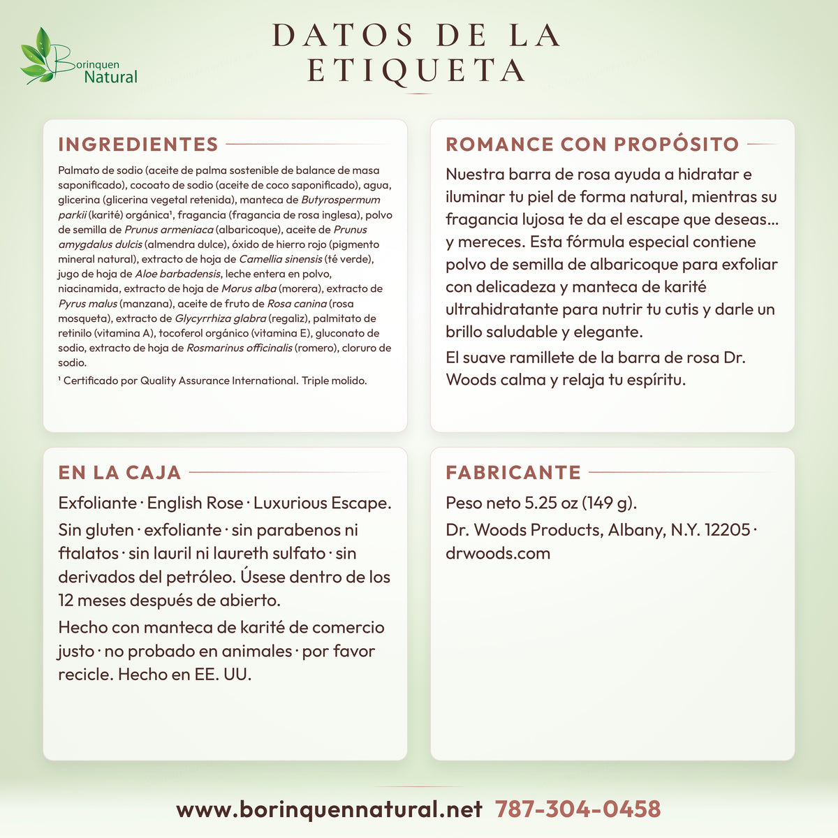 Datos de la etiqueta del jabón Dr. Woods English Rose: ingredientes y lo que dice la caja