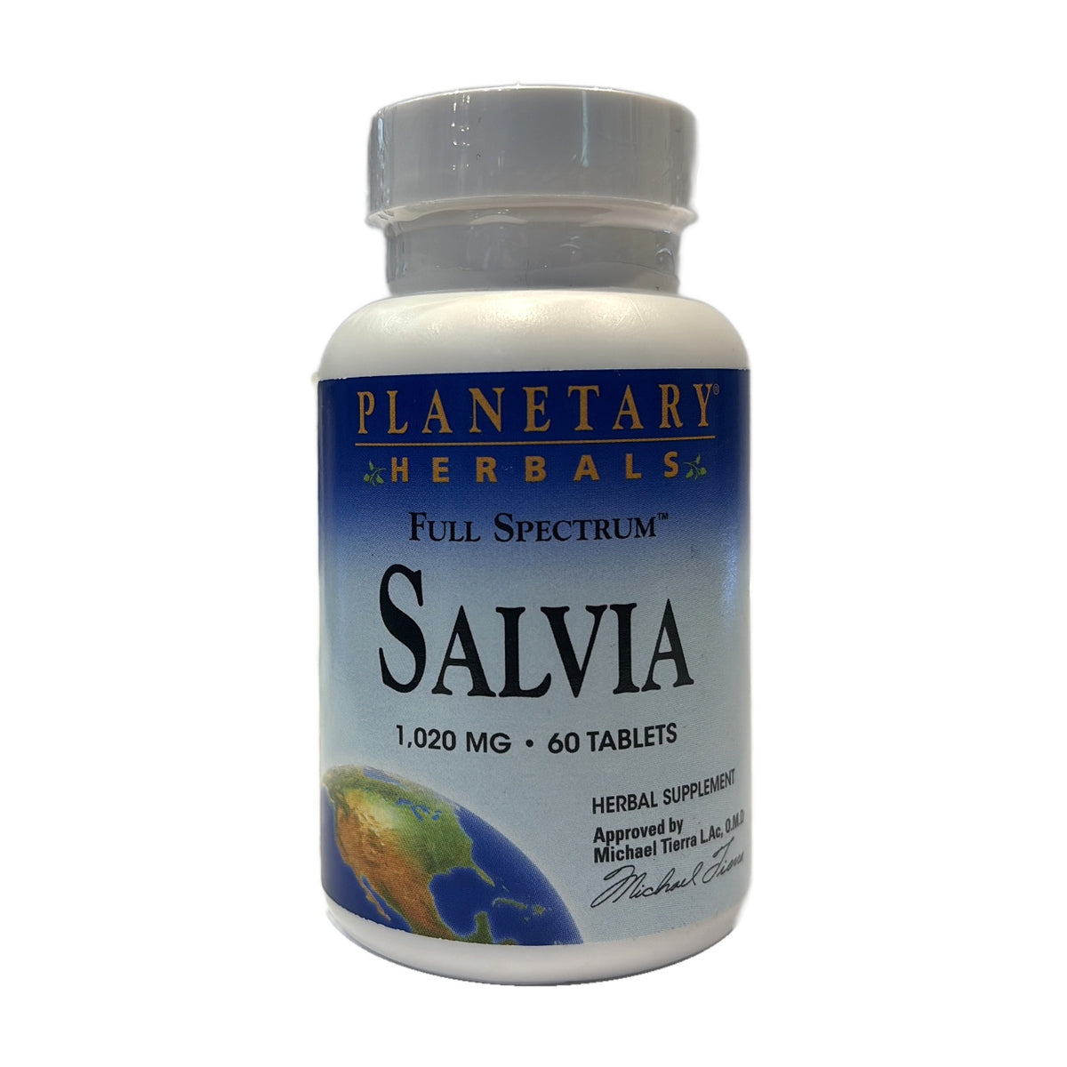 Salvia Full Spectrum de Planetary Herbals, 1,020 mg, 60 tabletas, suplemento herbal en frasco, visto de frente