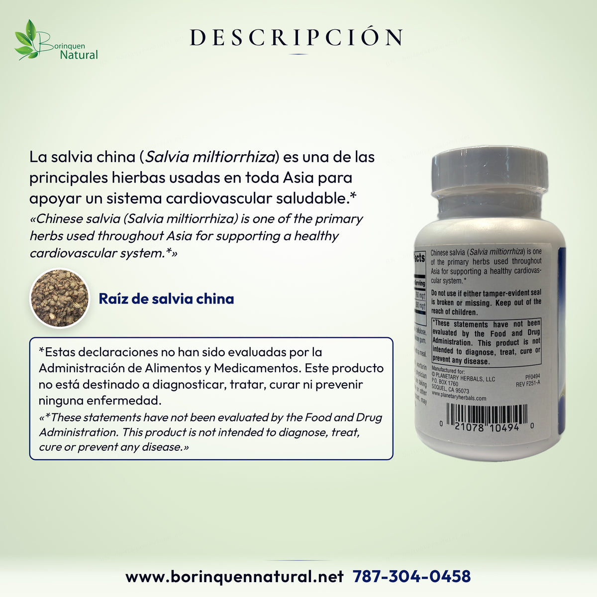 Descripción del lado del frasco de Salvia Planetary Herbals, con la foto de la raíz de salvia china en rodajas
