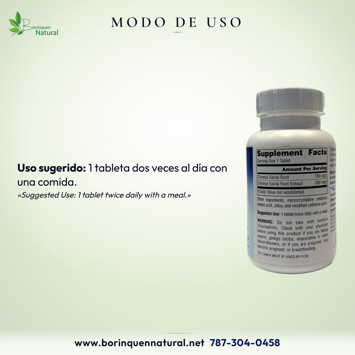 Modo de uso de la Salvia Planetary Herbals: 1 tableta dos veces al día con una comida