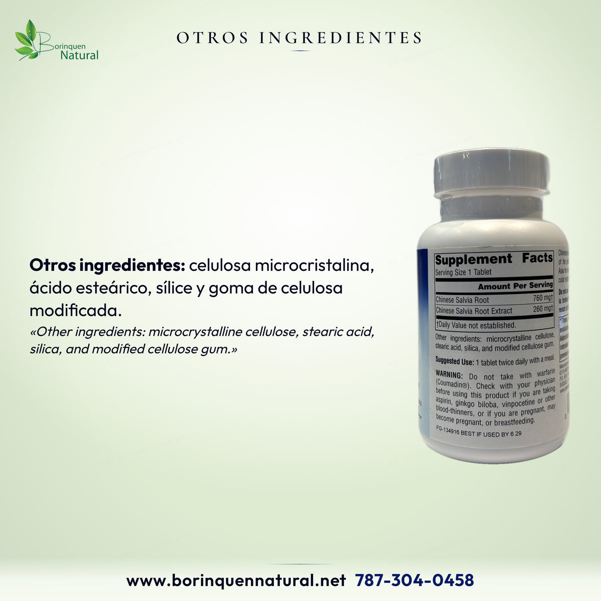 Otros ingredientes de la Salvia: celulosa microcristalina, ácido esteárico, sílice y goma de celulosa modificada