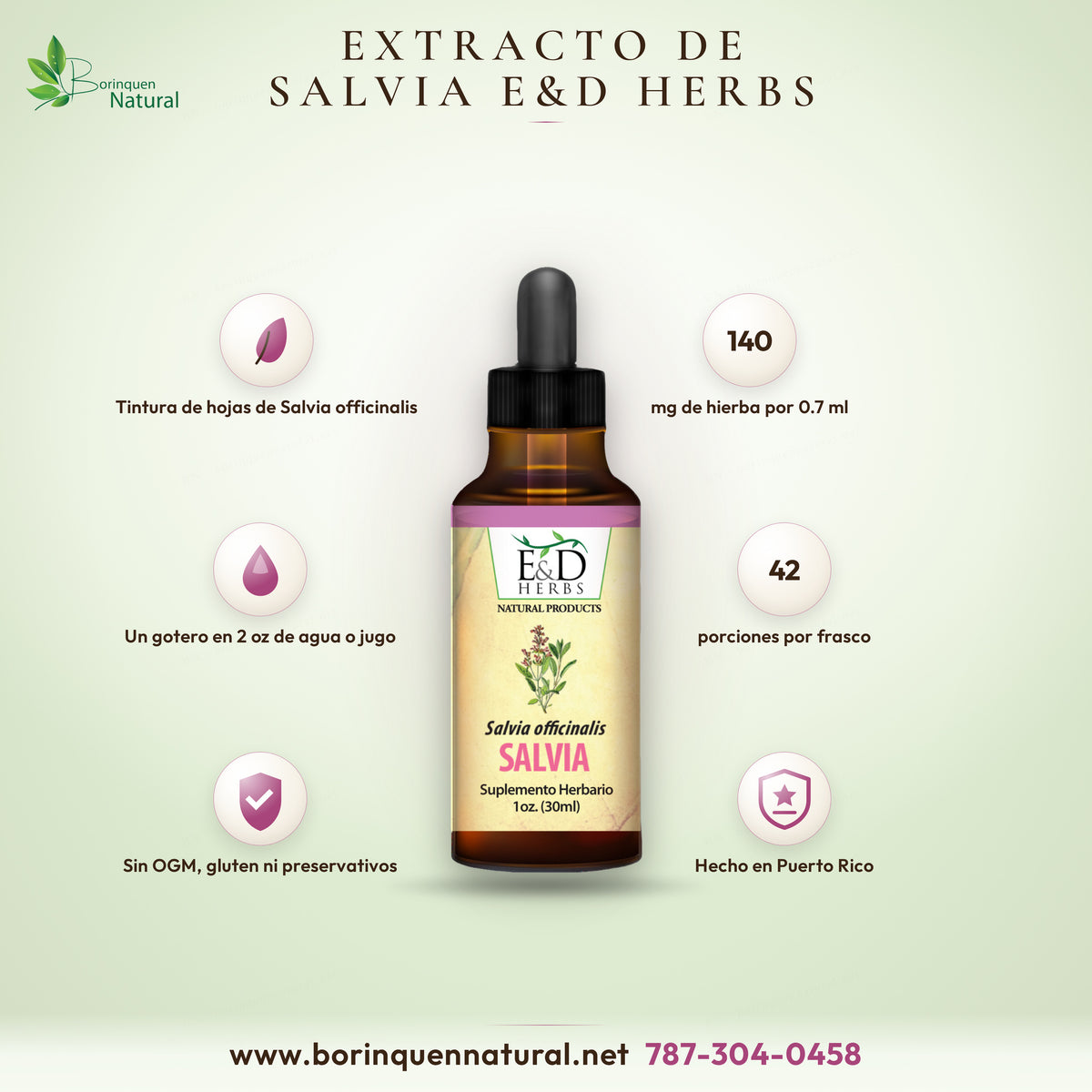 Extracto líquido de salvia (Salvia officinalis) de E&D Herbs, suplemento herbario en gotas preparado con hojas de salvia, frasco gotero de 1 oz (30 ml)