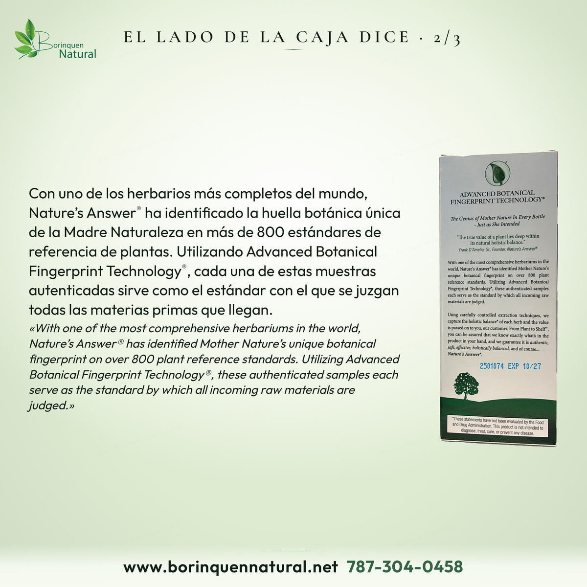 El lado de la caja dice: Nature's Answer identificó la huella botánica de más de 800 estándares de referencia de plantas