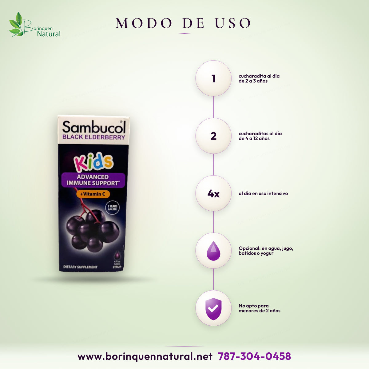 How to give Sambucol Kids: 1 teaspoon daily ages 2-3, 2 teaspoons ages 4-12; not suitable under 2 years