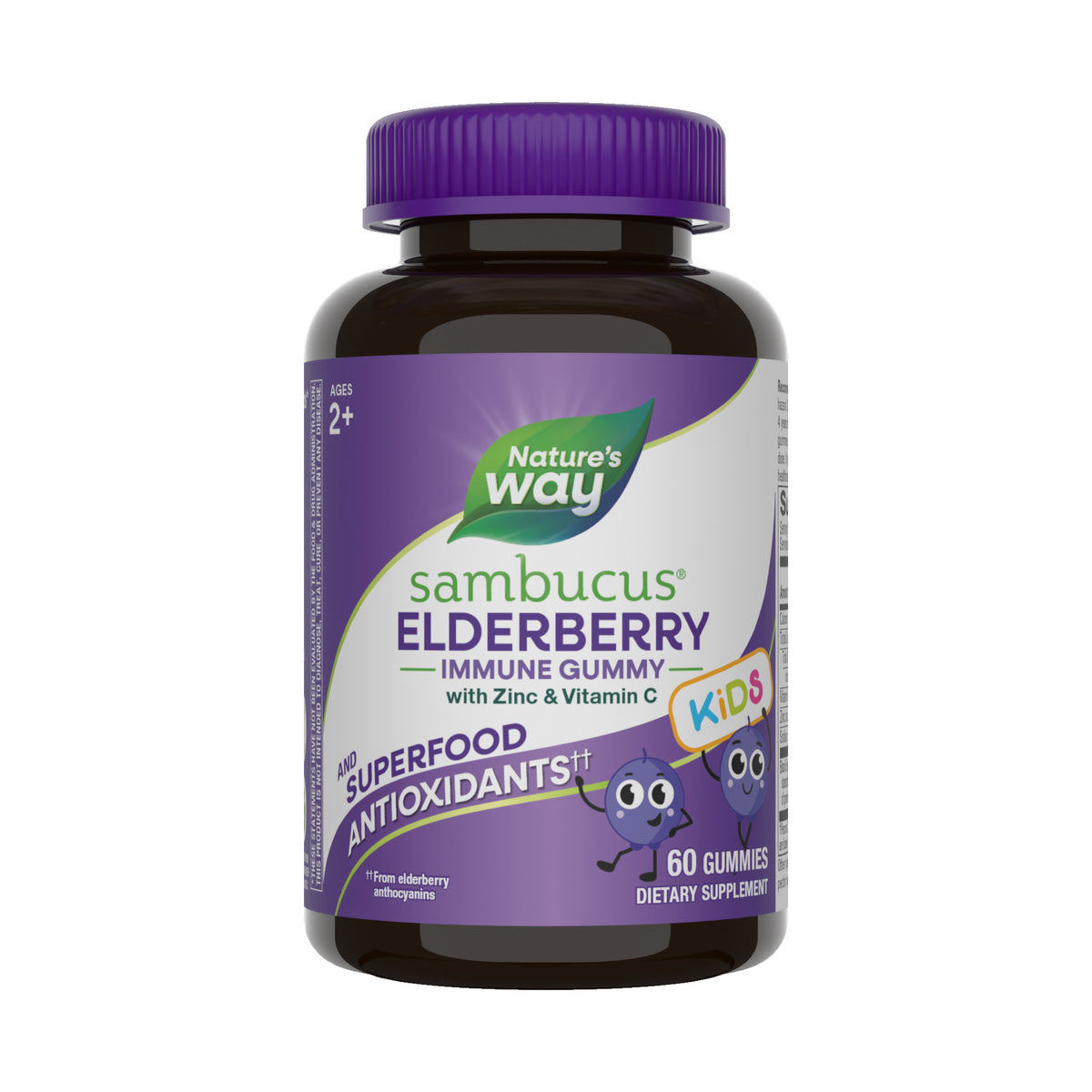 Frasco de Sambucus Elderberry Immune Gummy Kids de Nature's Way, gomitas de saúco con zinc y vitamina C, 60 gomitas