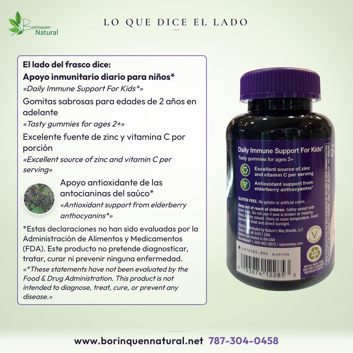 Lo que dice el lado del frasco de Sambucus Kids Nature's Way, con la foto de las bayas de saúco