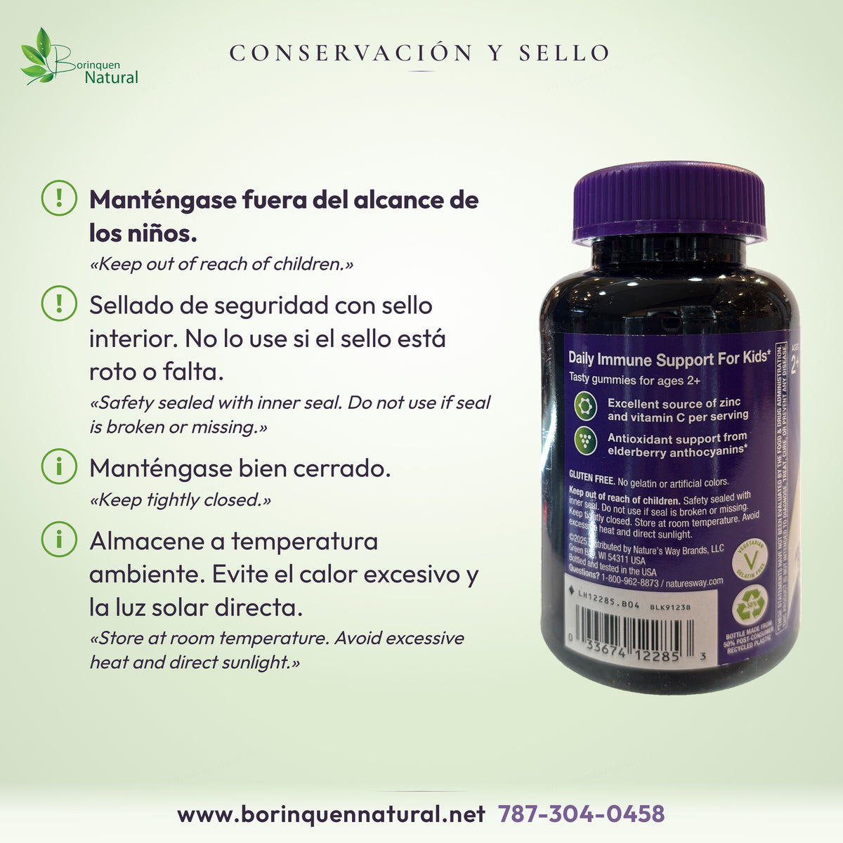 Conservación y sello de Sambucus Kids Nature's Way: fuera del alcance de los niños, sello interior, bien cerrado