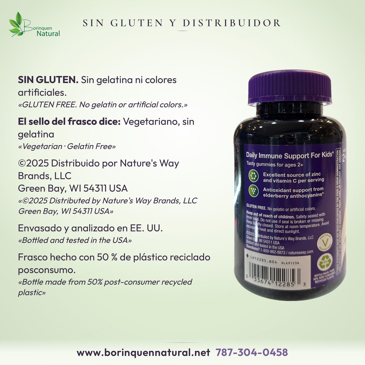 Sambucus Kids Nature's Way sin gluten, sin gelatina ni colores artificiales, vegetariano; frasco de plástico reciclado
