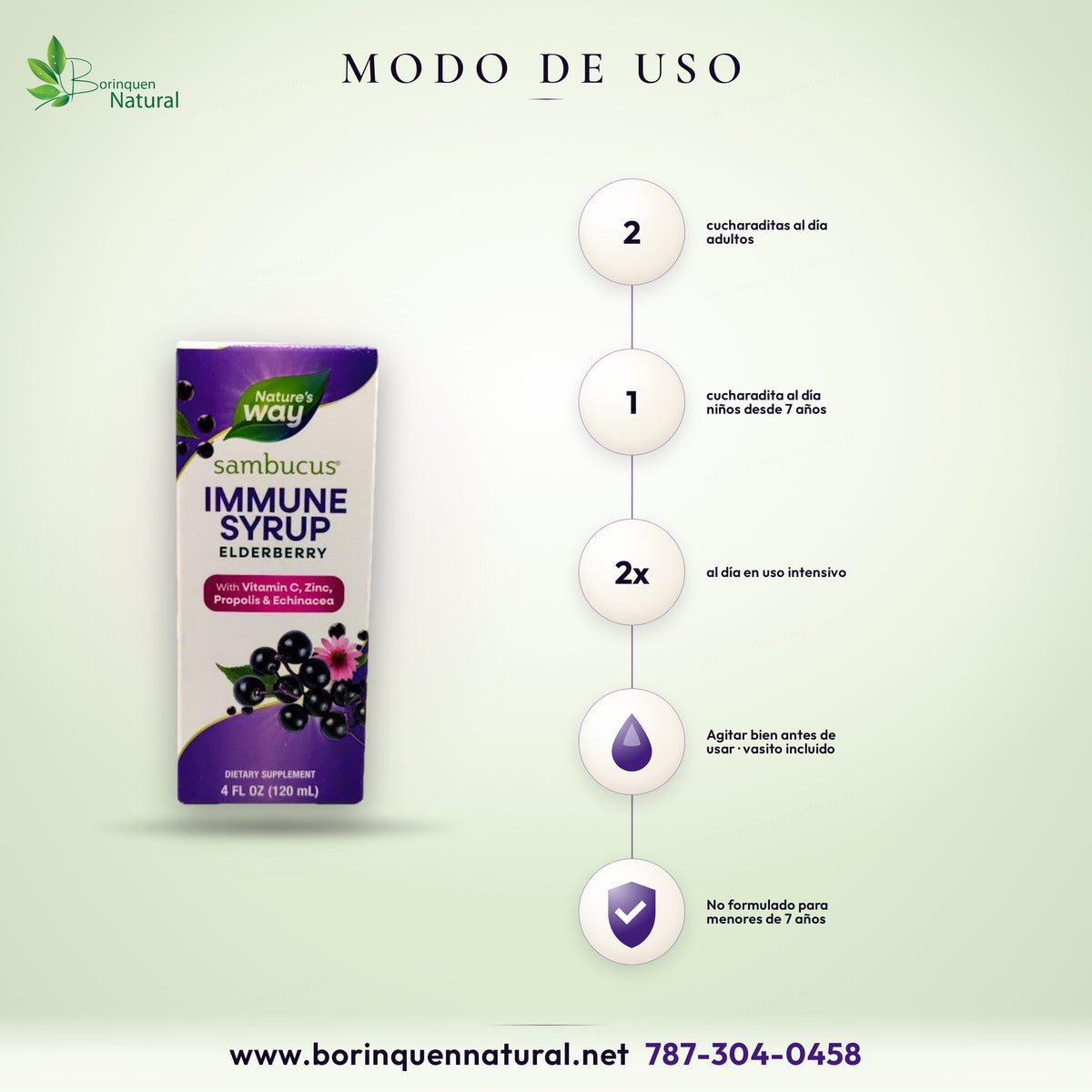 Modo de uso de Sambucus Immune Syrup: adultos 2 cucharaditas al día; niños desde 7 años 1 cucharadita al día