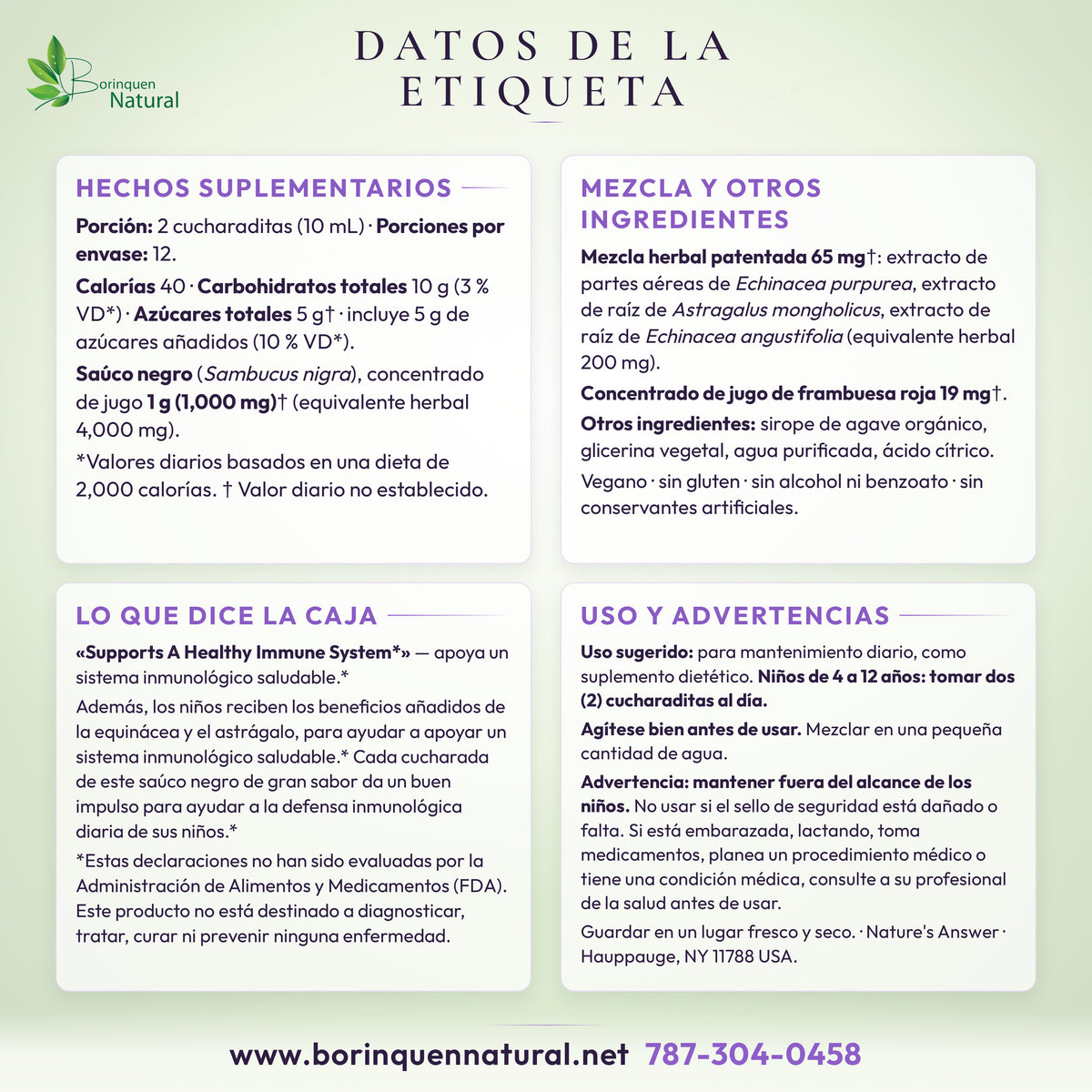 Datos de la etiqueta de Kids' Sambucus Nature's Answer: hechos suplementarios, lo que dice la caja con su aviso de la FDA, uso sugerido y advertencias
