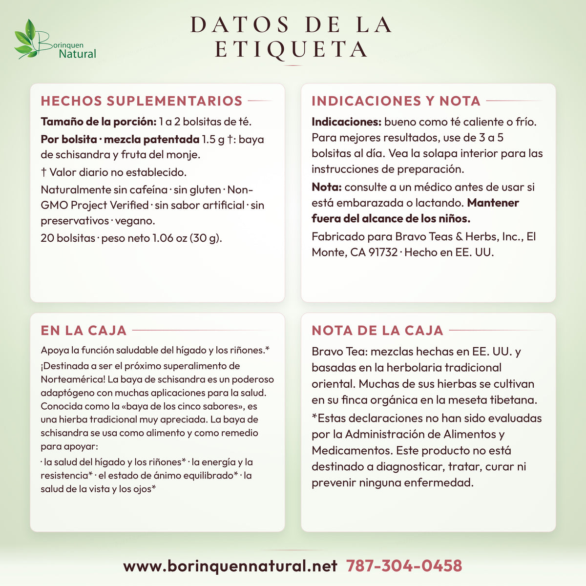 Label information for Bravo Tea schisandra tea: supplement facts, directions, note and what the box says