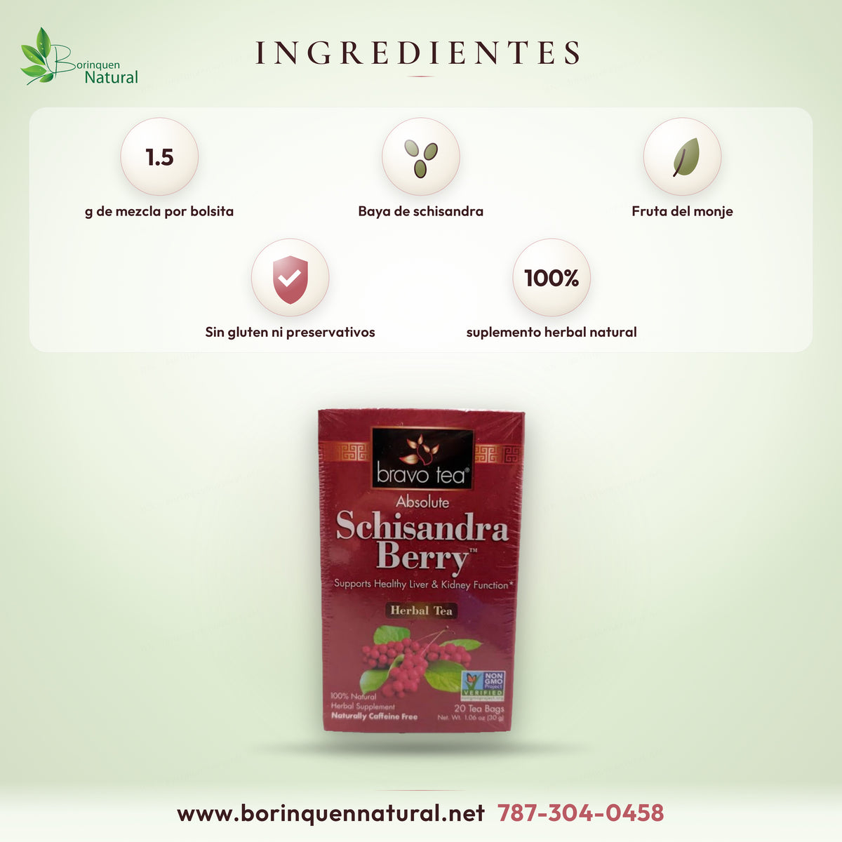 Bravo Tea schisandra tea ingredients: 1.5 g blend of schisandra berry and monk fruit per tea bag