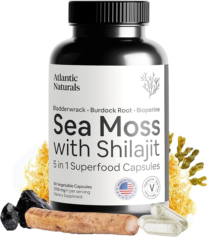 Sea Moss con Shilajit 5 en 1 Atlantic Naturals, frasco de 60 cápsulas