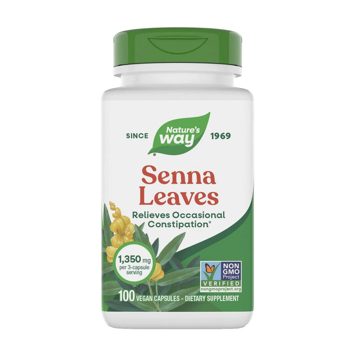 Frasco de Senna Leaves Nature’s Way, 100 cápsulas veganas, 1,350 mg por porción de 3 cápsulas.