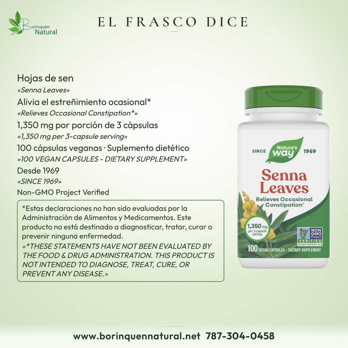 Hojas de sen, 1,350 mg por porción de 3 cápsulas, 100 cápsulas veganas y descargo de la FDA.